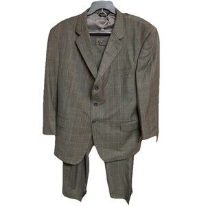 Men's Jos A. Bank 2 Piece Suit Wool Windowpane Plaid Gray Measures 52R 45x30